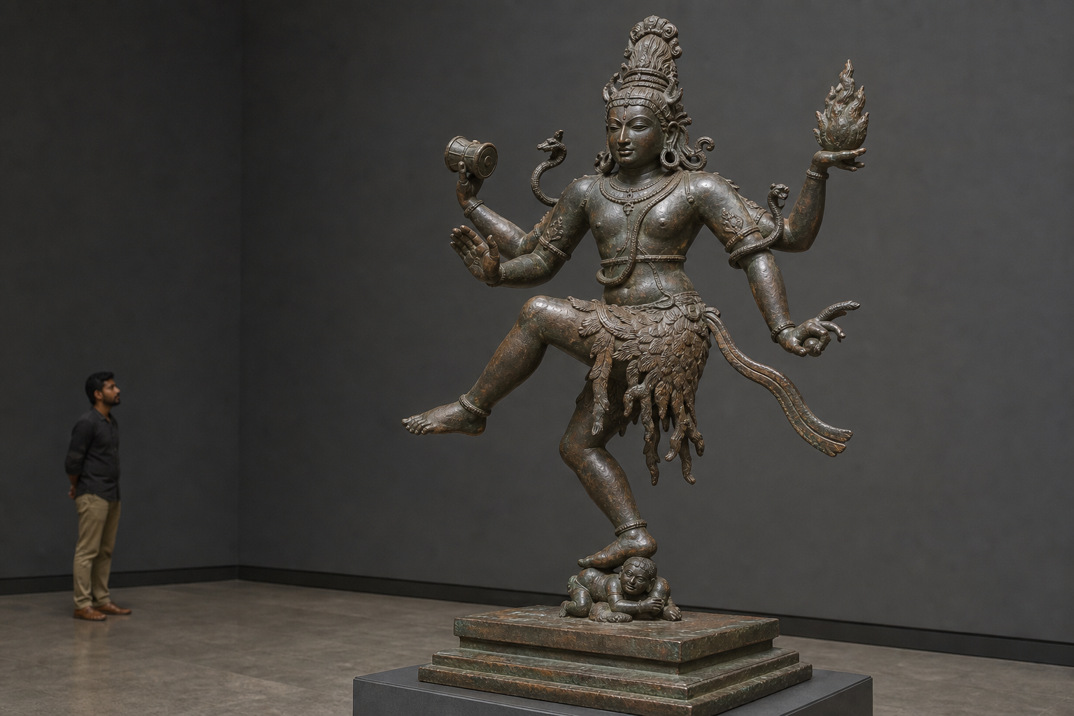 A visitor studies a bronze sculpture of dancing Shiva with a tiger hide, drum, flame, serpents, and a dwarf beneath one foot.