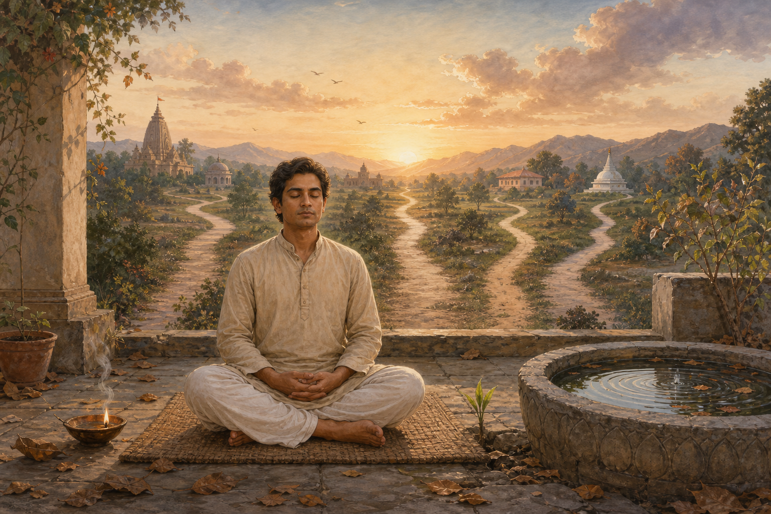 A person meditates in a dawn courtyard surrounded by fallen leaves, a new plant, a fading lamp, rippling water, and several separate paths toward the horizon.