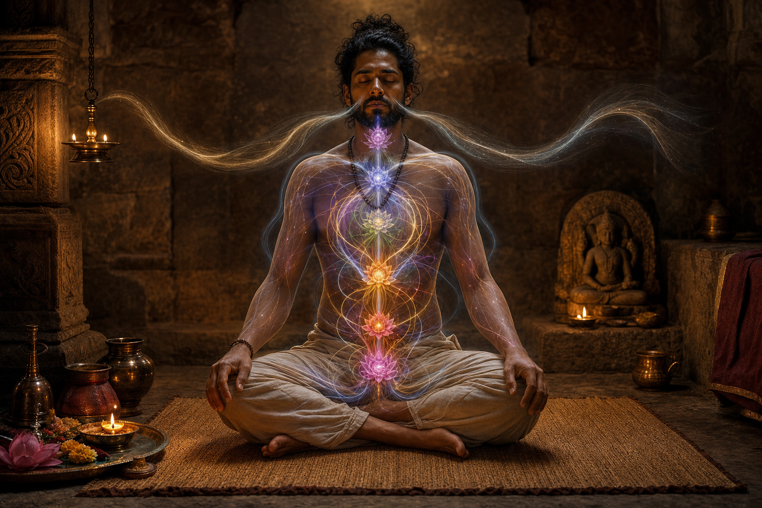 A meditating practitioner with glowing lotus-like centers and fine currents visible inside the torso, illuminated by a nearby oil lamp.