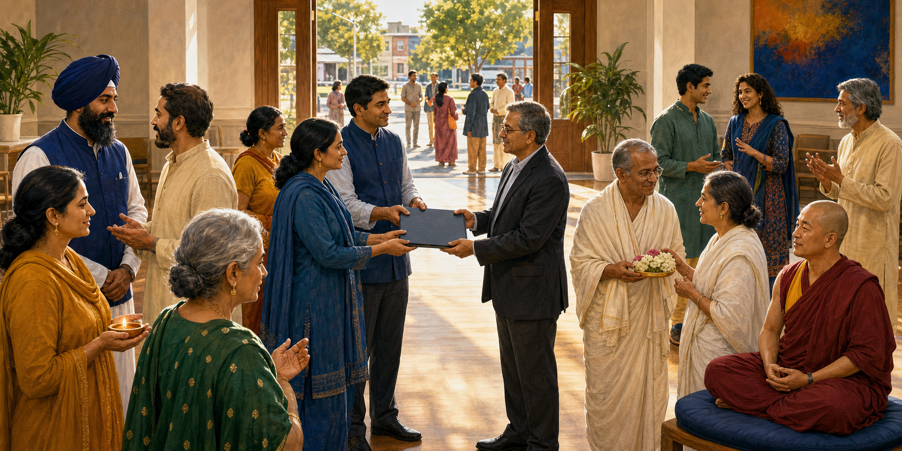 Hindu, Sikh, Jain, and Buddhist diaspora participants gather in a community hall as advocates exchange an organized folder with an institutional representative.