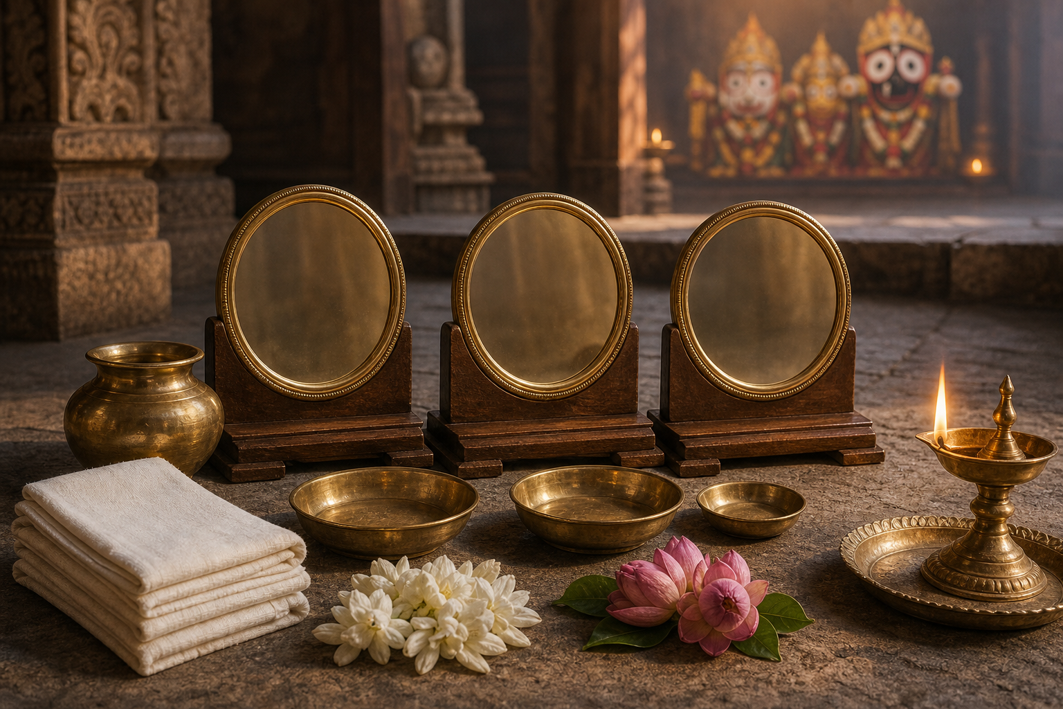 Three polished brass mirrors, water vessels, bowls, flowers, folded cloth, and an oil lamp arranged for a morning temple ritual.