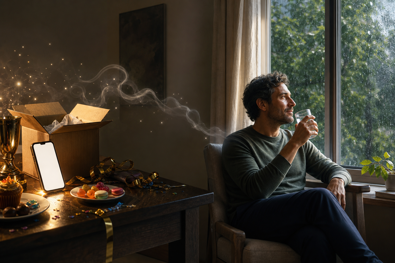 A room contrasts a cluttered table of purchases, sweets, and celebration objects with a person sitting calmly beside an open window during rain.
