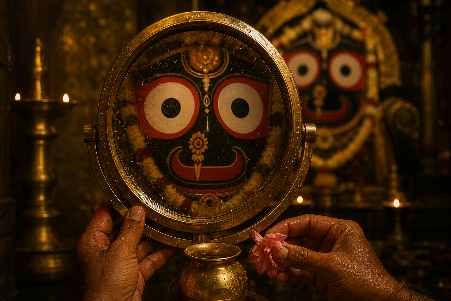 A brass ritual mirror reflecting Jagannath's painted face as a sevaka holds a water vessel and flower nearby.
