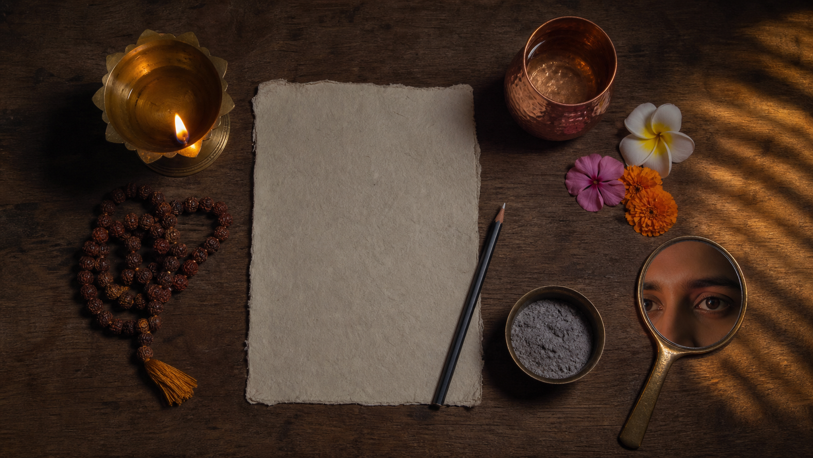 Prayer beads, a lamp, flowers, sacred ash, a copper cup, a blank sheet, and a mirror reflecting a practitioner's eyes rest on a wooden surface.