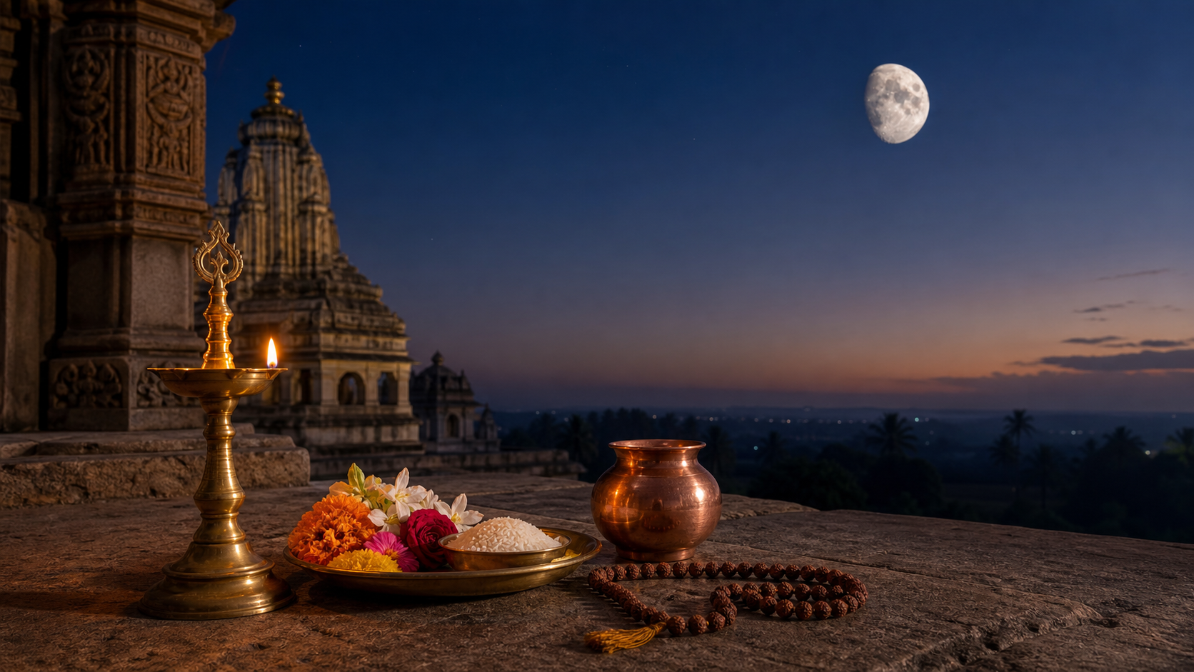 A brass oil lamp, flower-filled puja tray, copper vessel, and prayer beads rest on a stone terrace beneath a waning gibbous moon, with an Indian temple in the distance.