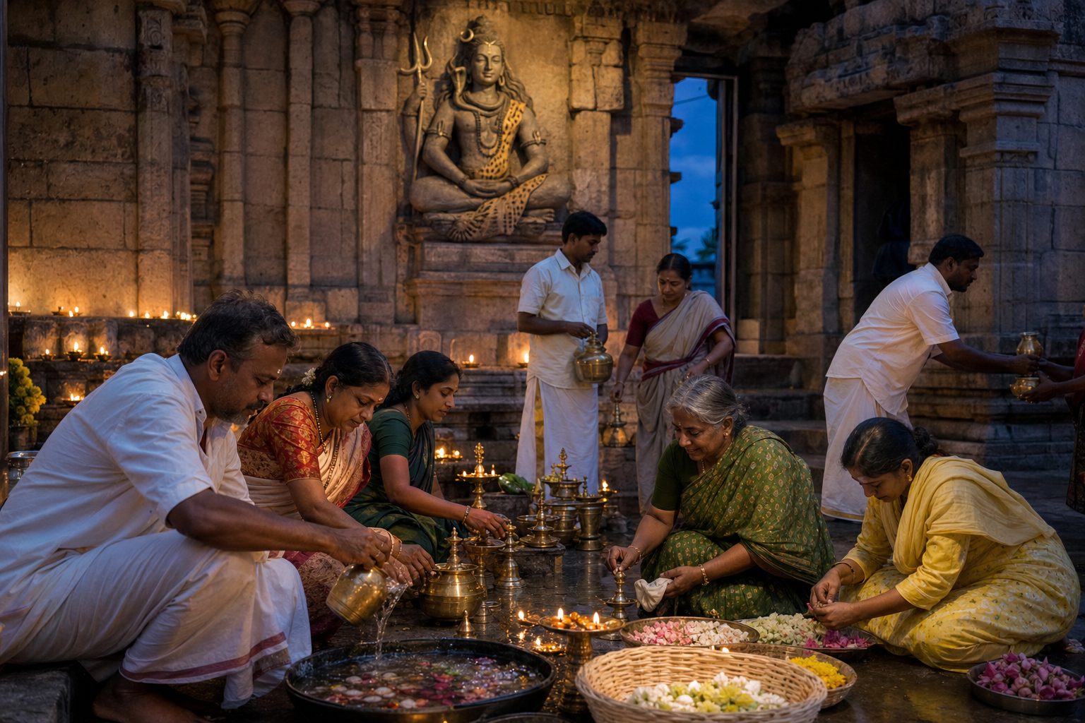 Devotees clean lamps, arrange flowers, and carry water together in a temple courtyard beneath a stone relief of Shiva wearing a tiger hide.