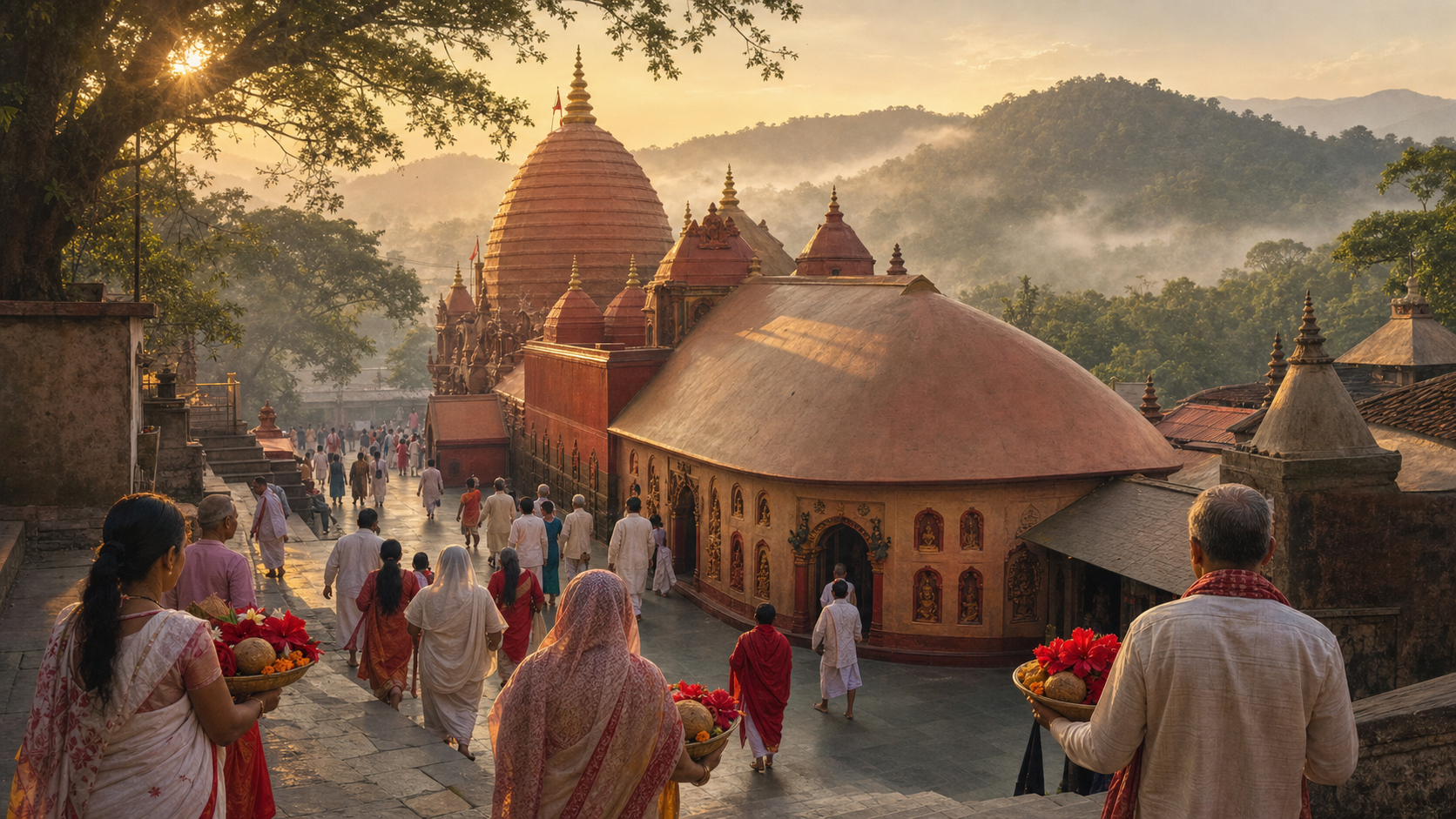 Pilgrims carrying flower offerings approach the ochre-red Kamakhya Temple on Nilachal Hill at dawn.