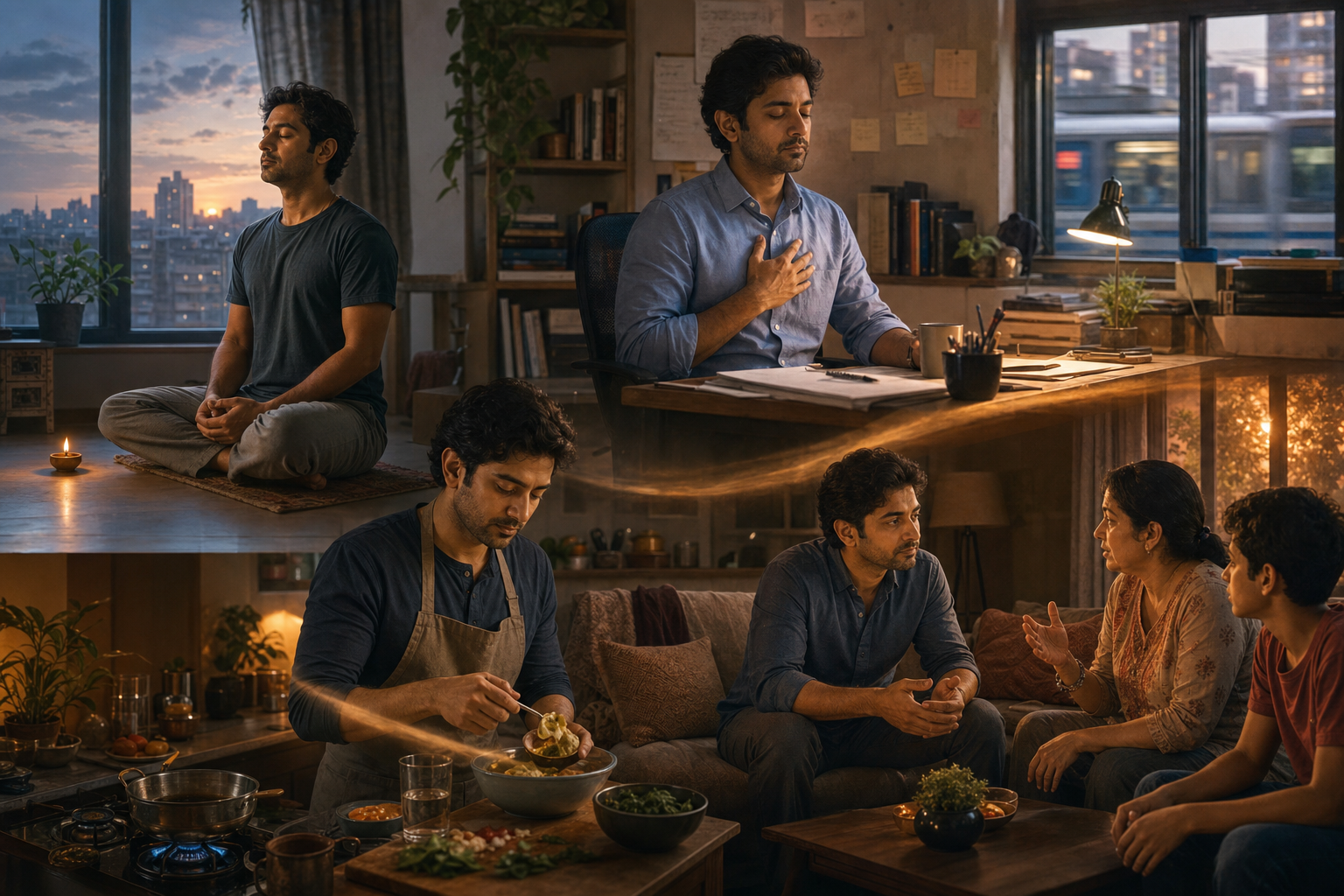 One person meditates at dawn, pauses calmly at work, listens during a family conversation, and prepares food for someone in the evening.