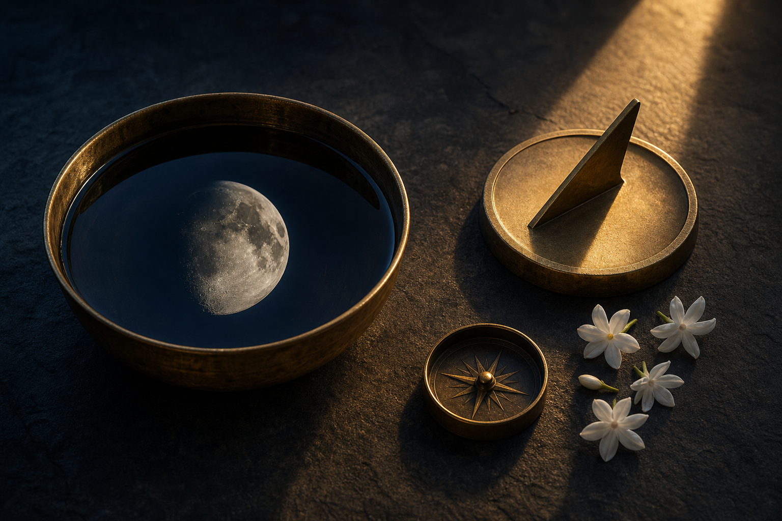 A waning moon is reflected in a brass bowl beside an unmarked sundial, a compass, and jasmine flowers on a stone table.