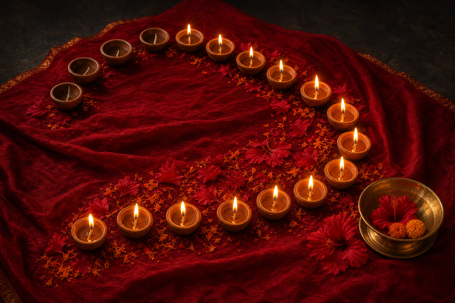 Sixteen earthen lamps form a flowing path in four visual groupings beside flowers and a brass offering bowl.