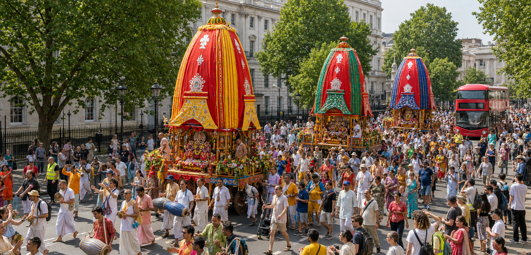 Three brightly decorated Rathayatra chariots move through a central London street surrounded by devotees, families and spectators.