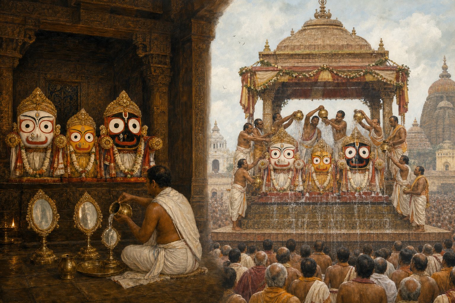 Split-scene illustration contrasting a quiet daily mirror bath inside the temple with the public direct bathing of the deities during Snana Yatra.
