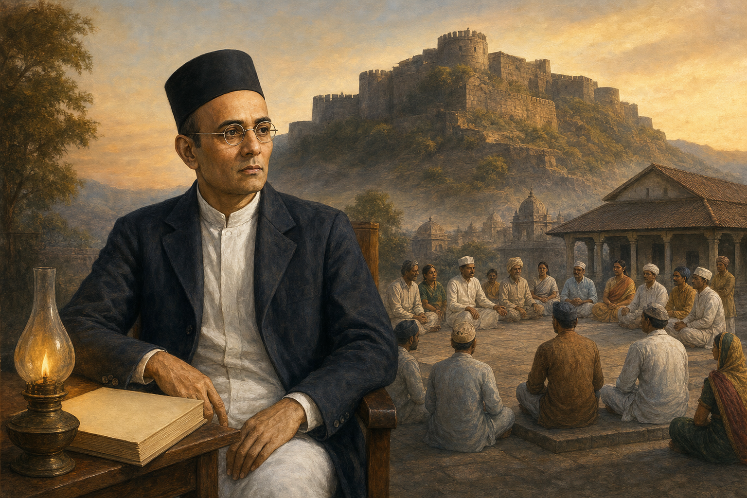 Editorial portrait of V. D. Savarkar with a hill fort, an oil lamp and manuscript, and citizens gathered in an open civic courtyard behind him.