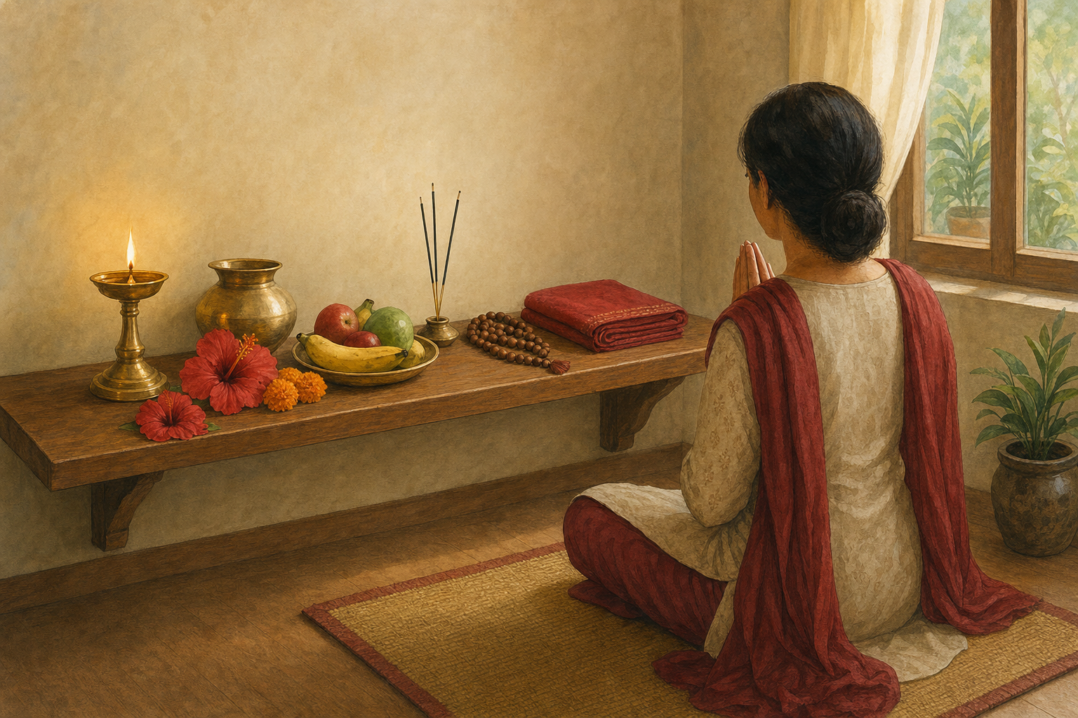 A devotee sits before a simple home altar with an oil lamp, water, fruit, prayer beads, and fresh flowers.