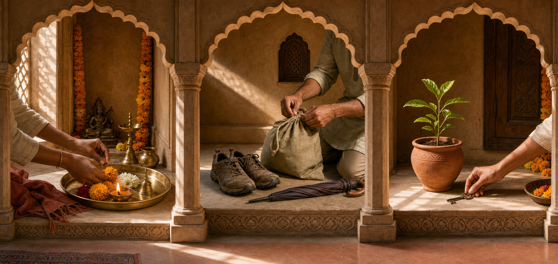 Three connected alcoves show hands preparing a puja tray, a packed travel bag beside shoes, and a key beside a newly planted clay pot.