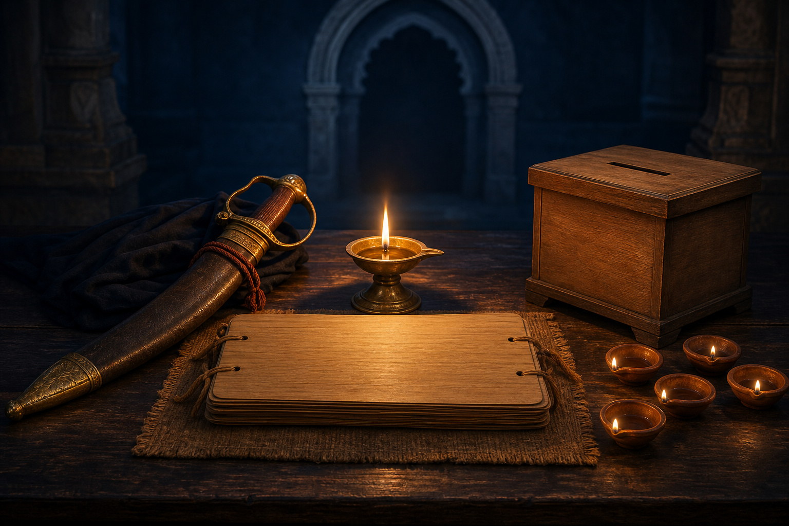 A sheathed sword, brass oil lamp, unmarked manuscript, ballot box, and identical clay lamps arranged on a wooden table.
