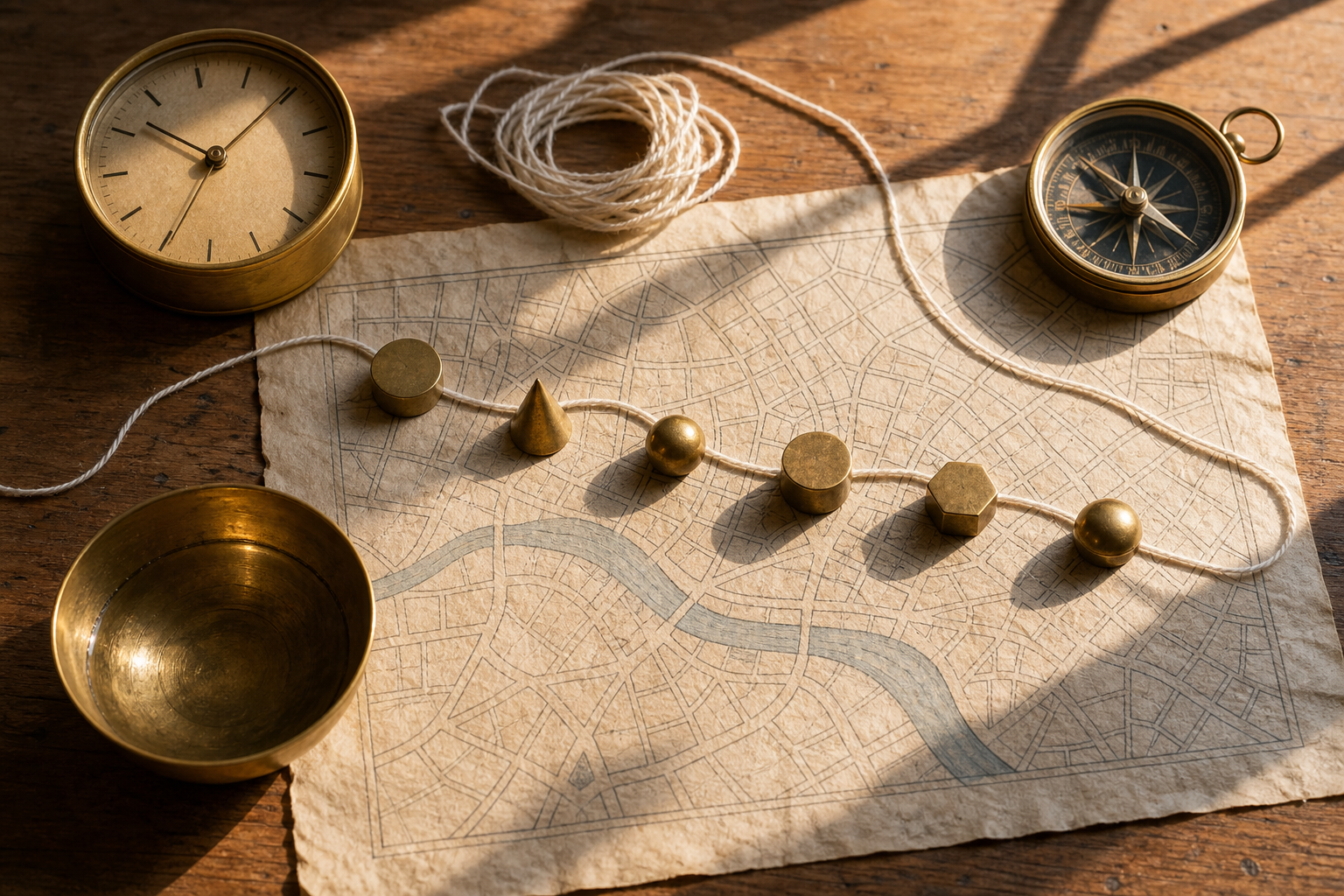 Six brass tokens, a compass, an unnumbered clock, measuring thread, and an unlabeled street map are arranged on a sunlit wooden table.