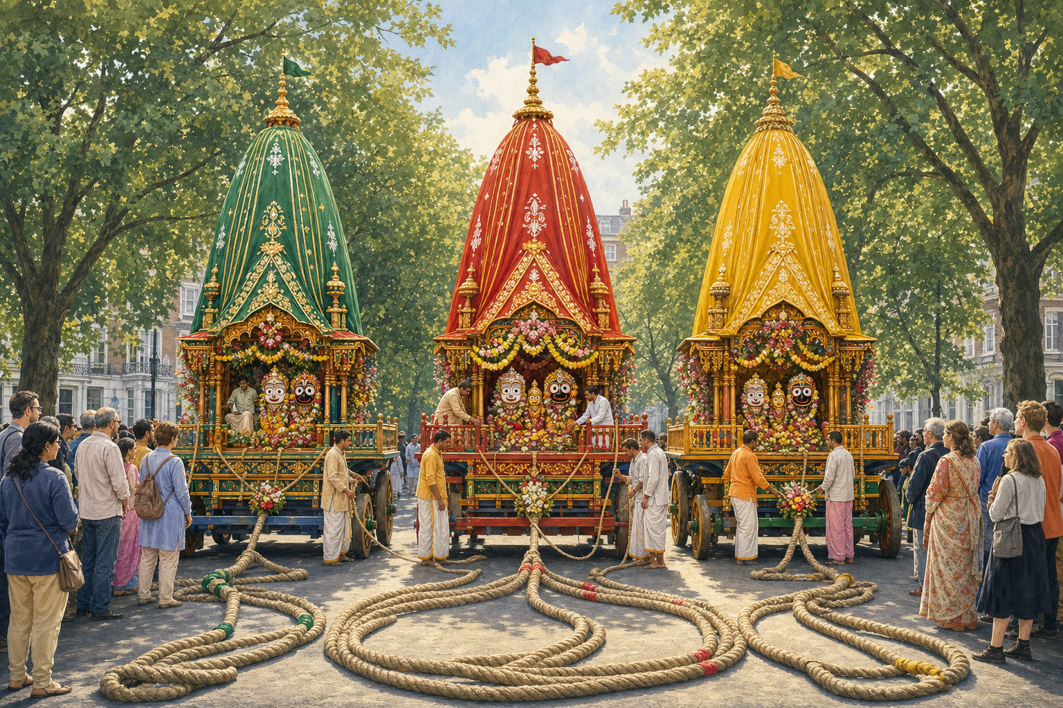 Three decorated Rathayatra chariots stand near a London park before the procession as volunteers prepare the ropes and visitors gather.