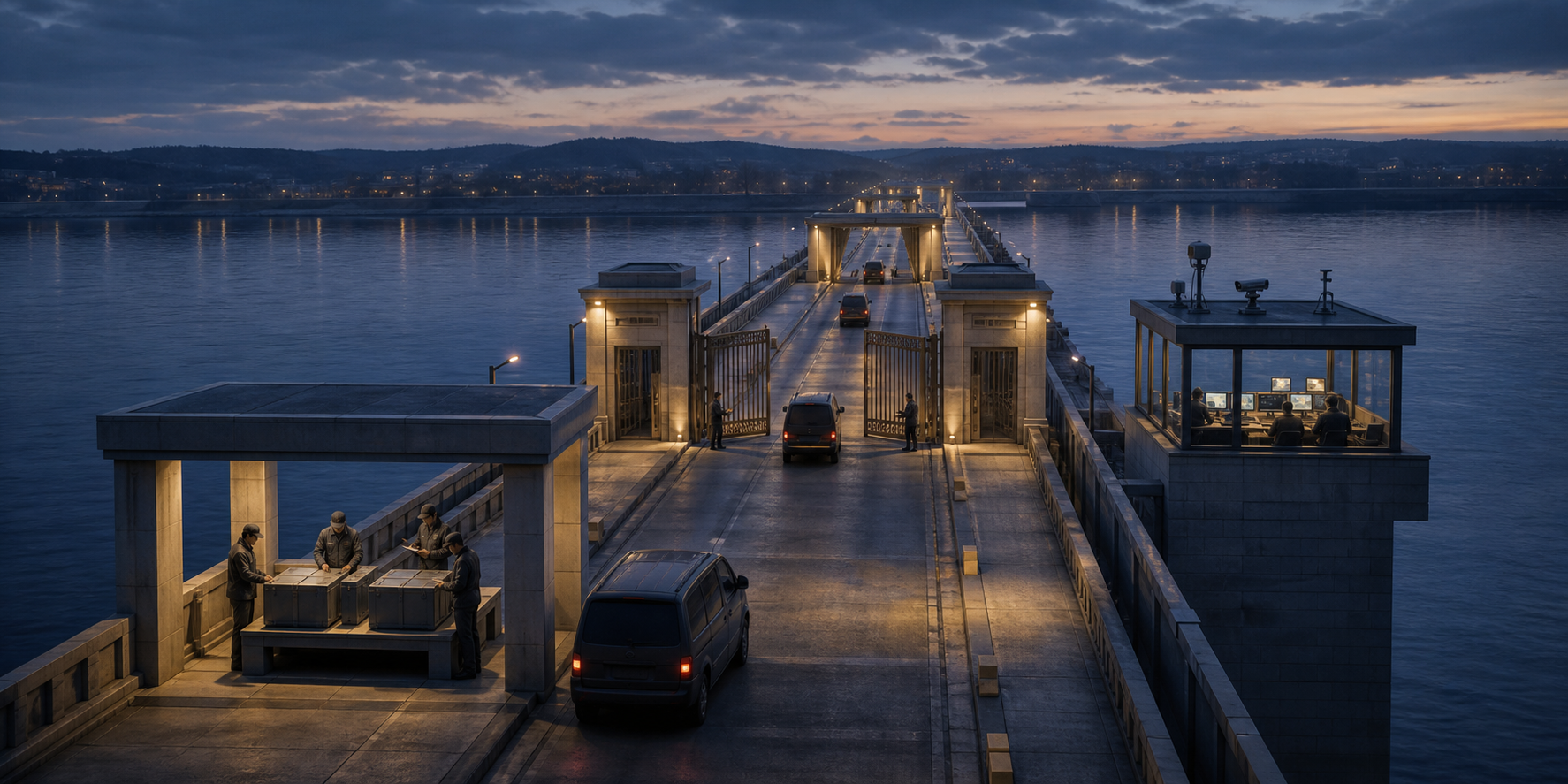 Inspectors and monitoring equipment oversee a bridge with several guarded checkpoints and vehicles waiting to cross.
