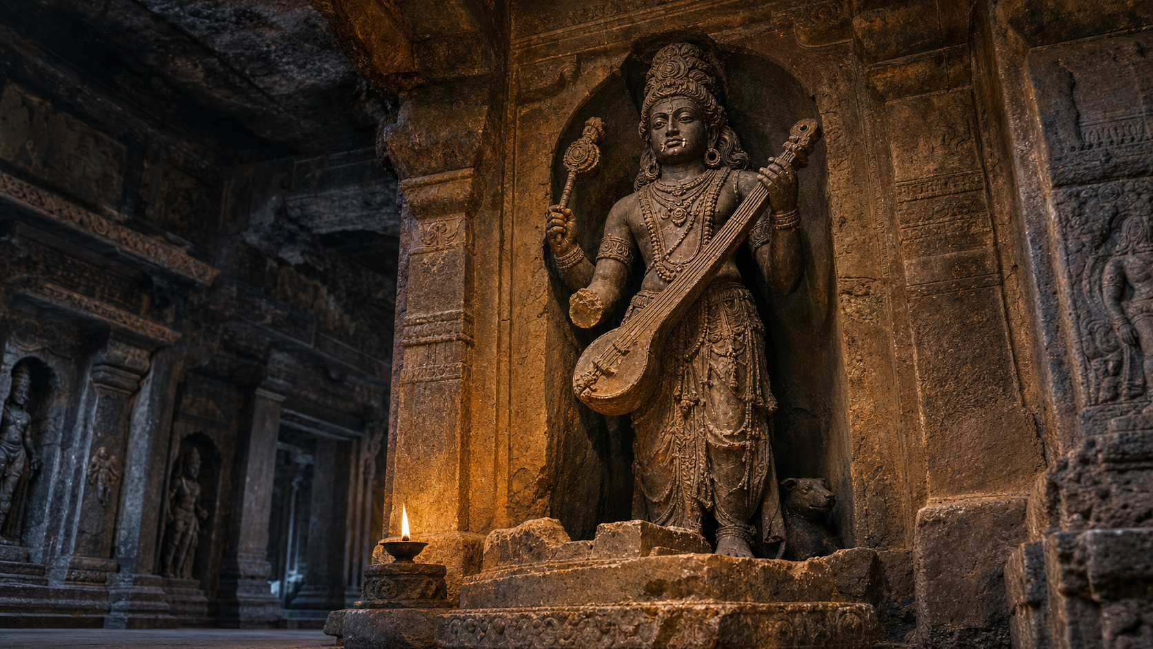 Weathered multi-armed Bhairava sculpture with a stringed instrument in a temple niche, with a small canine figure near the pedestal and other guardian niches in the background.