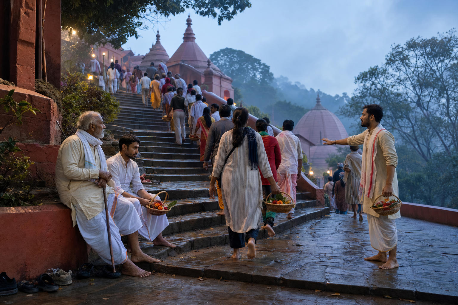 Pilgrims climb stone steps and form an orderly early-morning queue outside the Kamakhya Temple complex.