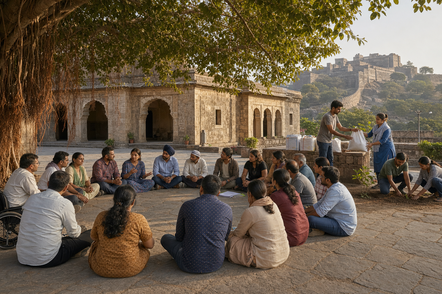 A diverse group of Indian citizens holds an equal-footing civic discussion while volunteers distribute supplies and plant a sapling nearby.