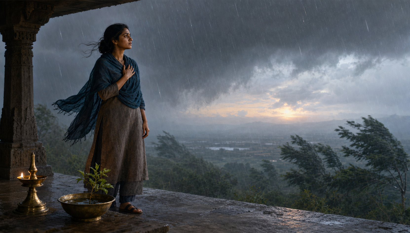 A composed adult stands on a stone veranda facing wind and rain as a small oil lamp burns beside a bowl of water and a green plant.