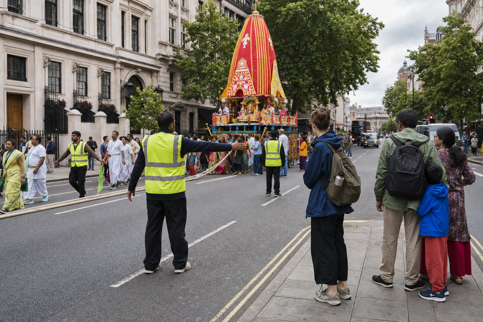 Stewards guide visitors beside a moving Rathayatra chariot on a London street while families and other participants follow the procession safely.