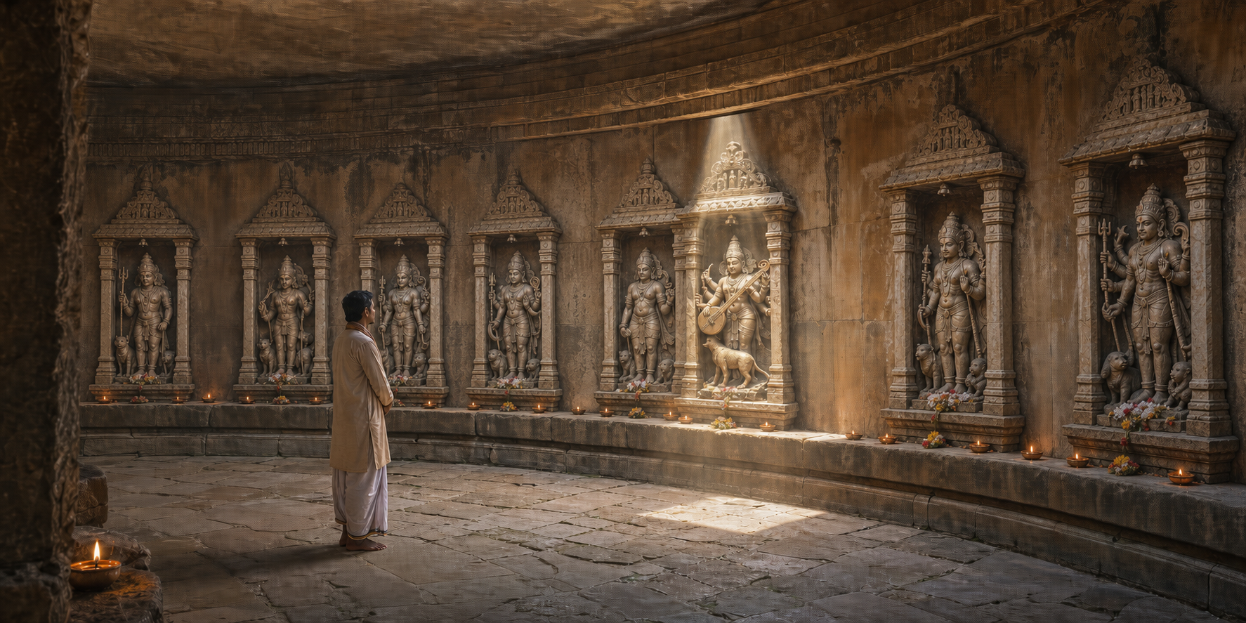 Visitor examining a sequence of eight guardian niches along a temple passage, with one calm Bhairava figure holding a stringed instrument illuminated by morning light.