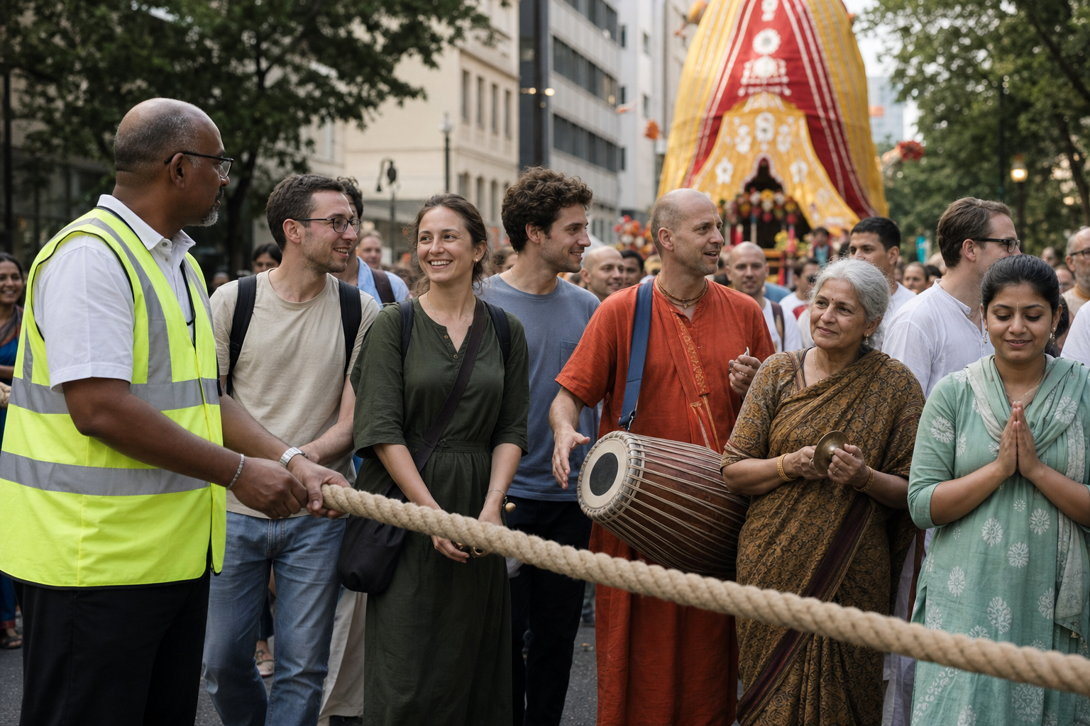 Newcomers and devotees walk beside a Rathayatra chariot rope as musicians play a drum and hand cymbals in the procession.