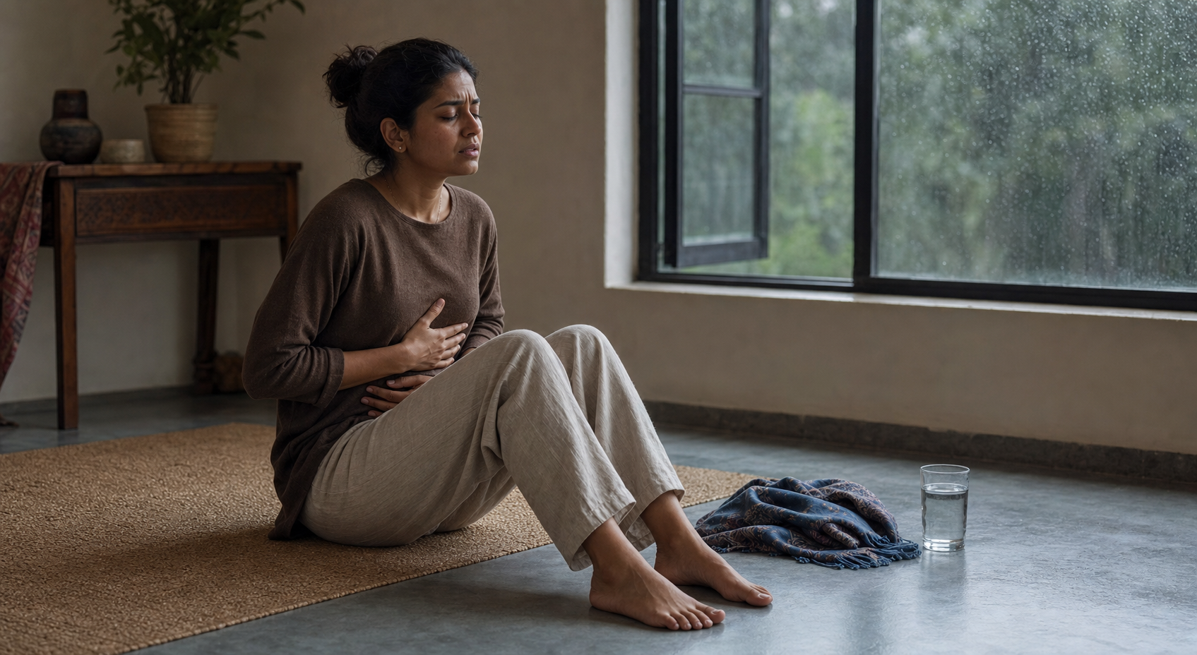 An adult sits with both feet on the floor and hands on the ribs and abdomen while breathing slowly beside an open window.