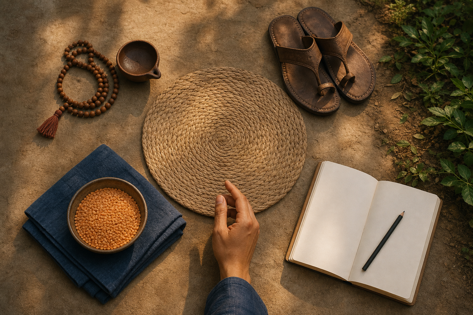 An overhead arrangement surrounds a woven mat with prayer beads, walking sandals, food for sharing, folded cloth, and a blank journal as a hand reaches toward them.