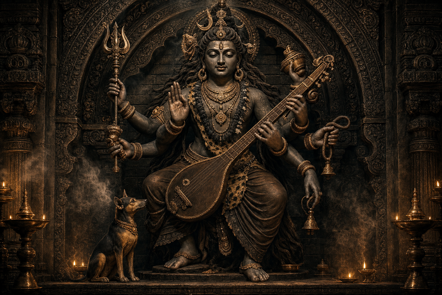 Composed multi-armed Bhairava figure playing a stringed instrument while holding protective attributes, with a small canine companion beside the pedestal.