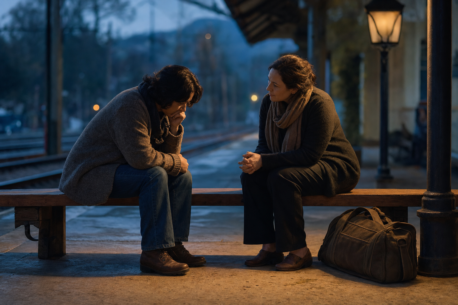 Two adults sit together in a quiet railway waiting area, one visibly distressed and the other listening attentively.