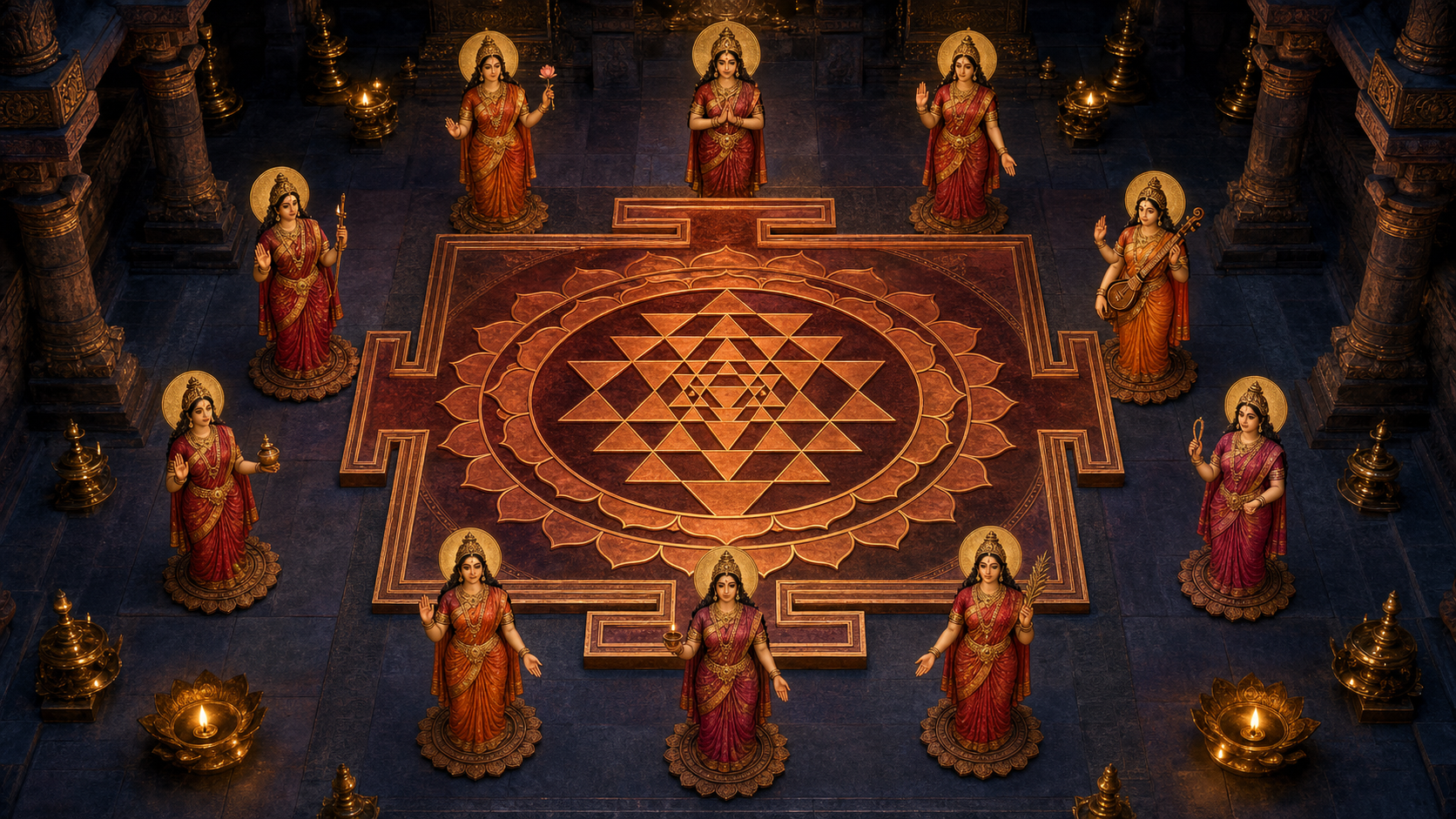 Ten robed divine feminine figures stand around the square outer enclosure of a glowing Sri Chakra inside a lamp-lit temple.
