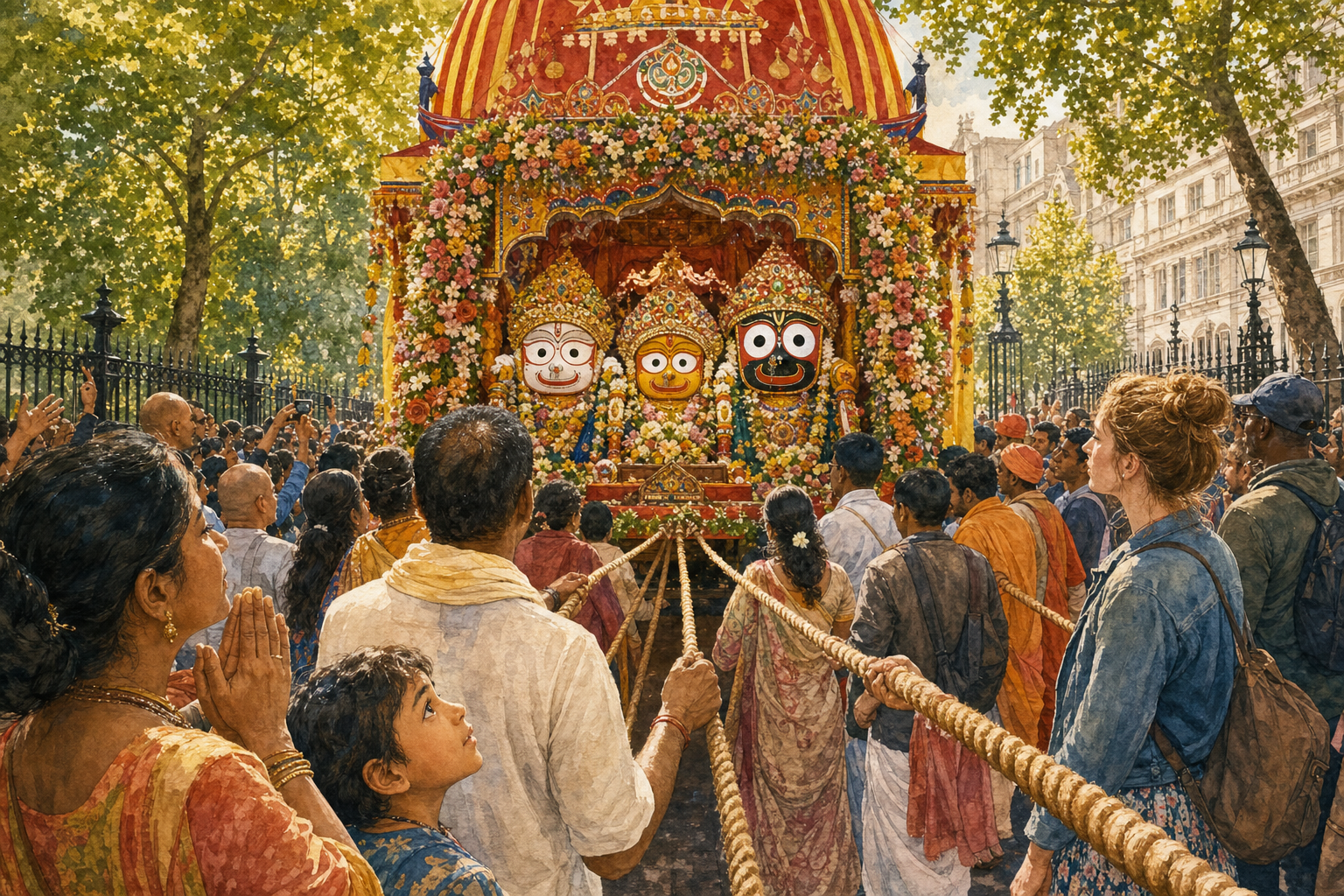 Festival participants face the flower-decorated chariot sanctuary of Jagannath, Baladeva and Subhadra while many hands hold the long procession ropes.