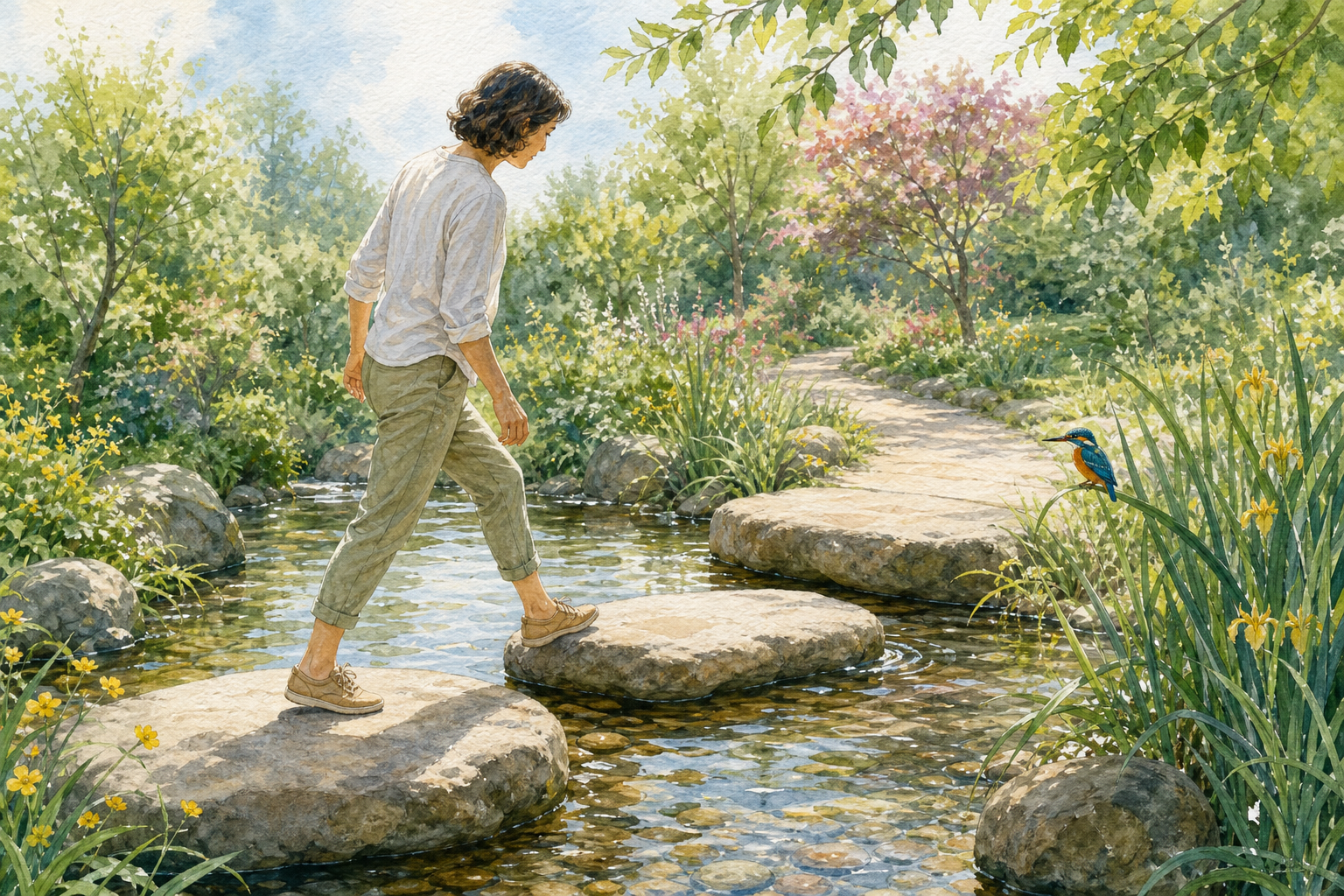 An adult takes a careful step between broad stones in a shallow stream while a colorful kingfisher perches on a nearby reed.