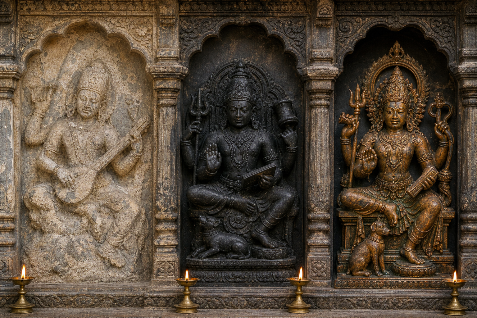 Three differently styled temple images of a composed Bhairava figure, varying in material, ornaments, hand attributes, and preservation.