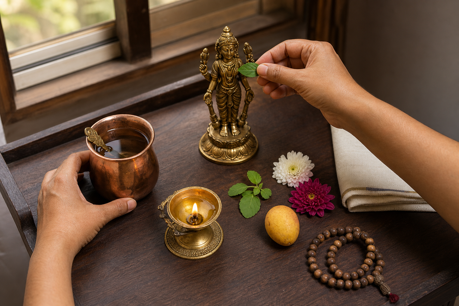 A householder offers a tulsi leaf at a compact home altar arranged with a Vishnu image, lamp, water, flowers, fruit, cloth, and prayer beads.