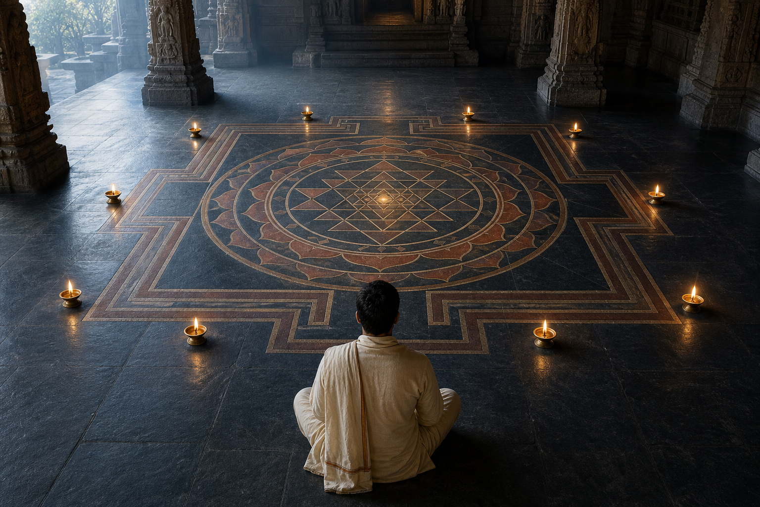 A practitioner pauses outside the gateway of a floor-laid Sri Chakra while ten brass oil lamps burn around its outer square boundary.