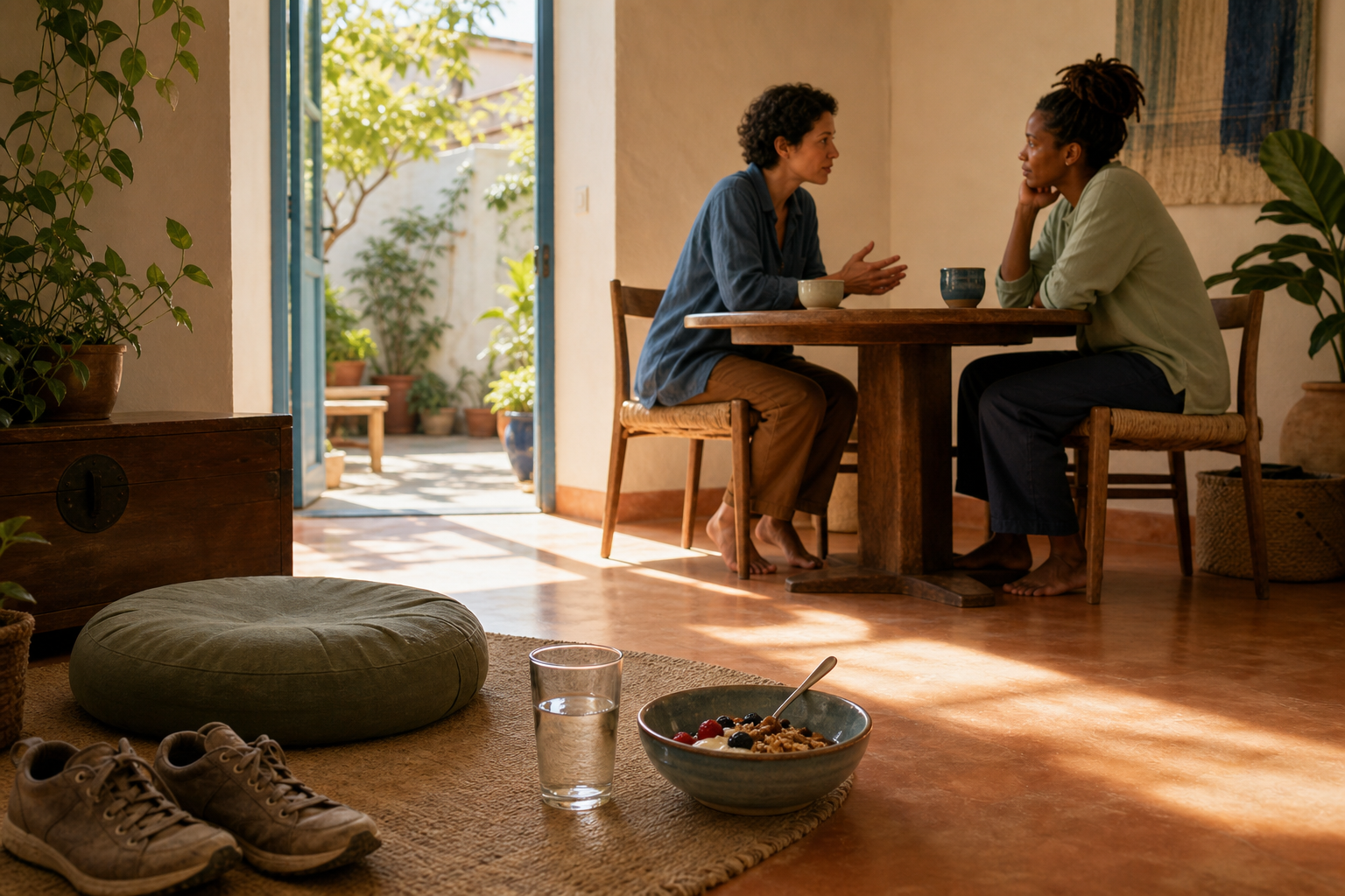 Morning routine objects sit in the foreground while an adult speaks with a supportive listener at a round table in a sunlit room.