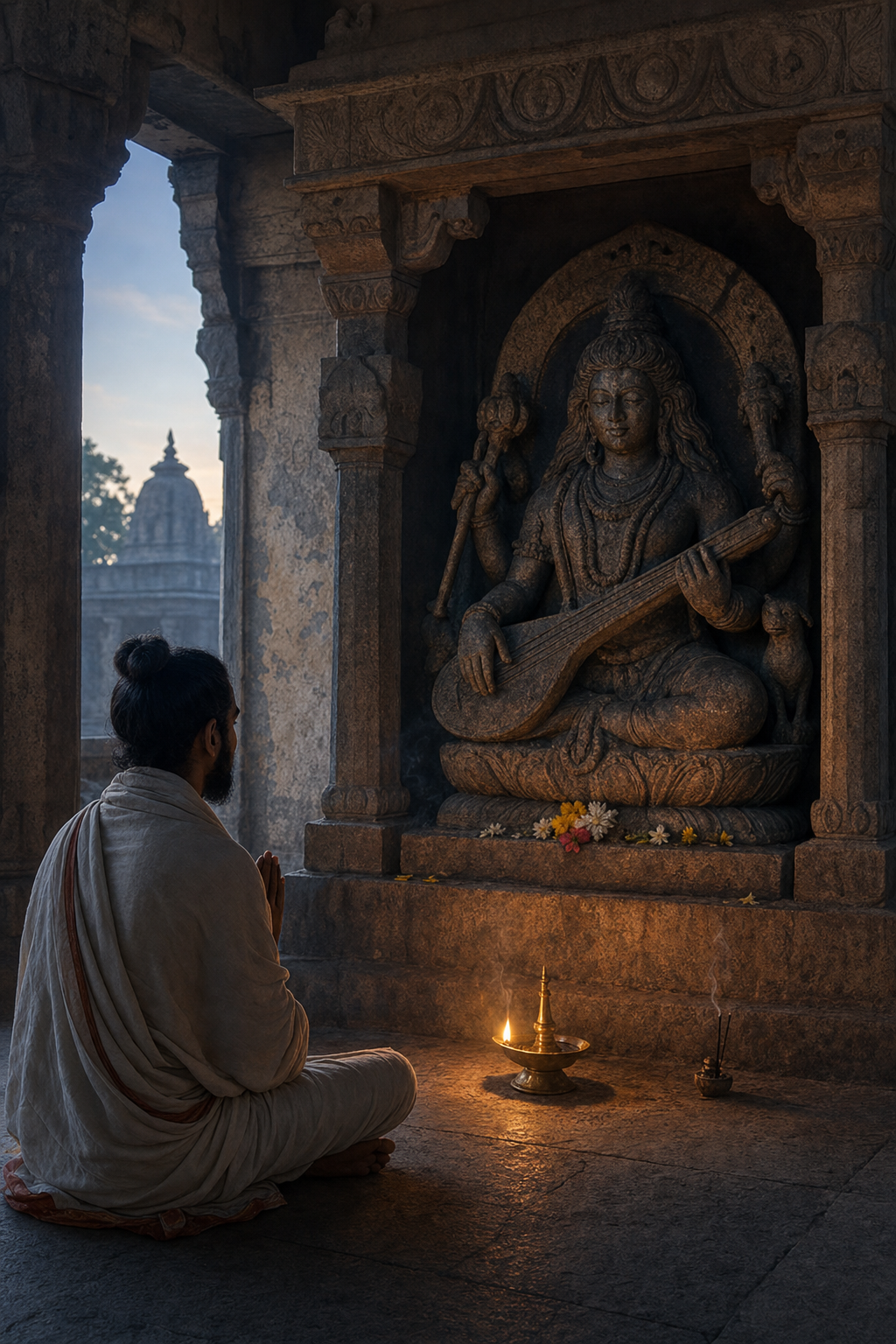 Practitioner quietly observing a weathered Bhairava shrine with a stringed instrument and protective attributes by the light of an oil lamp.