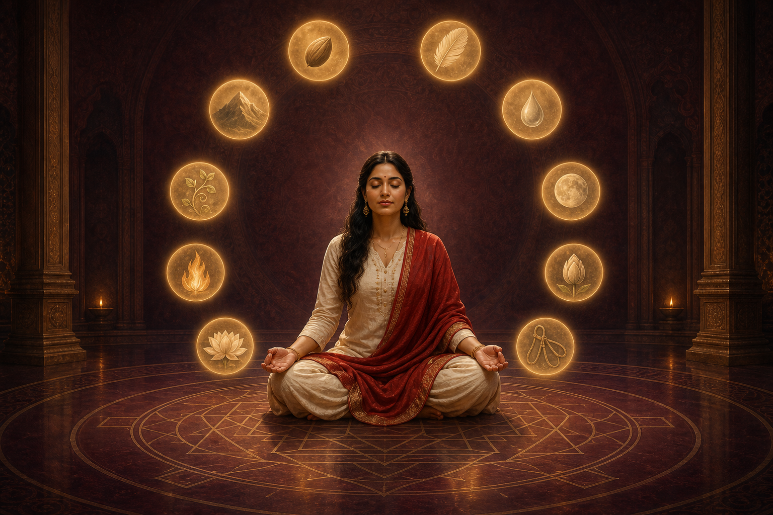A meditating woman sits over a faint Sri Chakra while ten glowing spheres with natural motifs form a balanced circle around her.