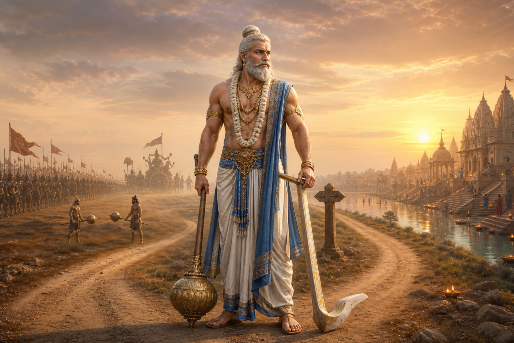 Balarama standing between Kurukshetra armies and sacred river ghats at dawn