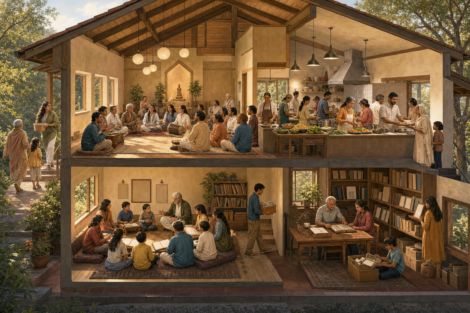 A temple complex contains a worship hall, community kitchen, classroom, and archive used by volunteers of different ages.