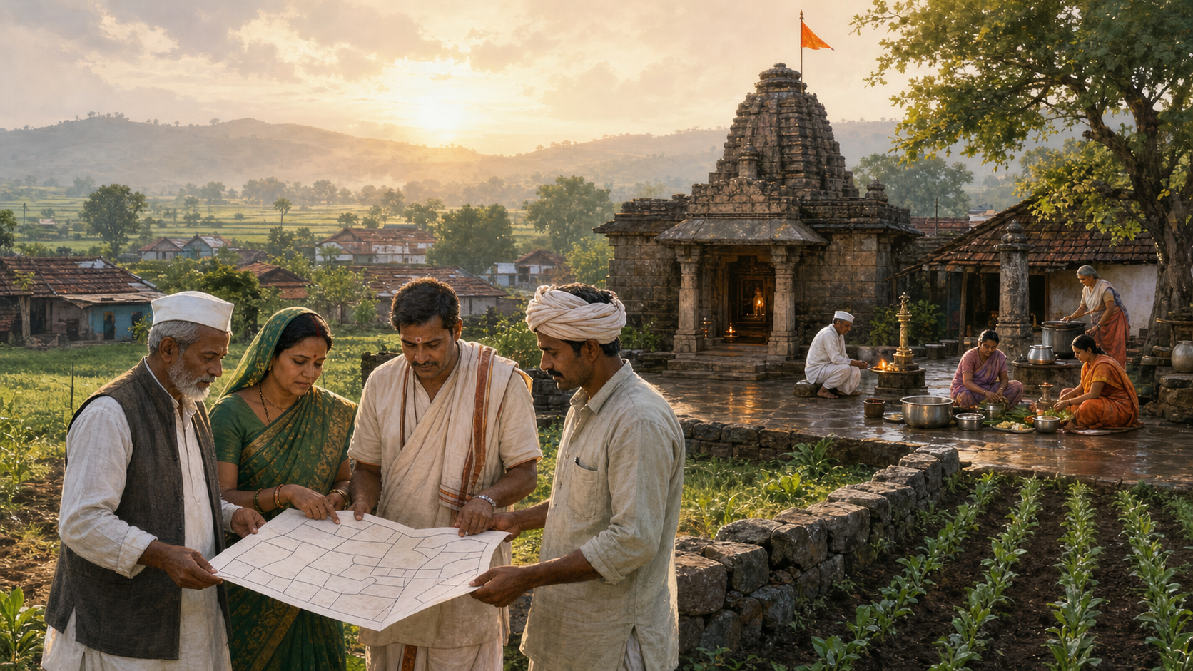 Temple trustees, a priest, a devotee, and a cultivator examine an unlabelled land survey beside a stone temple and green fields in Maharashtra.