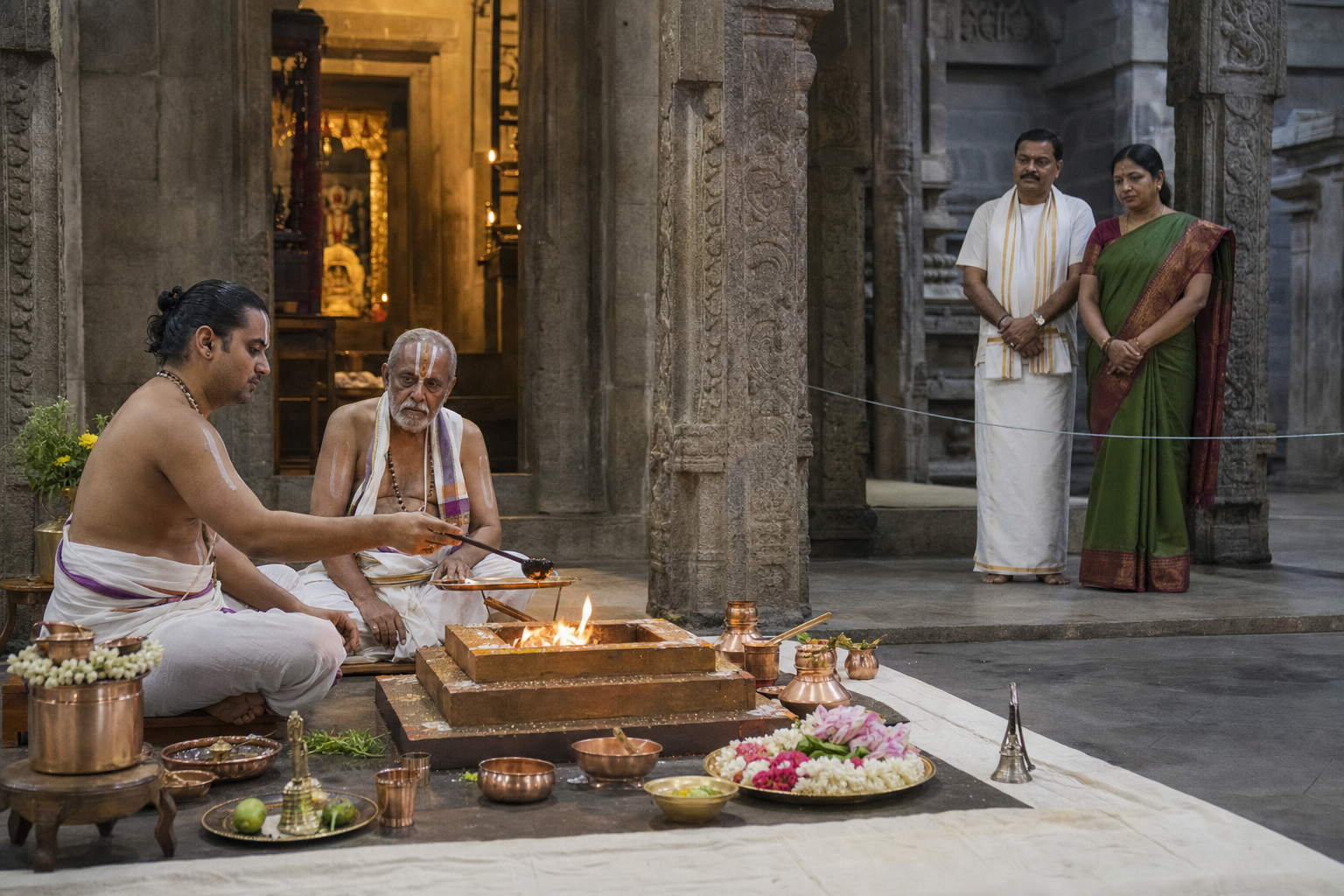 A trained temple priest and senior teacher conduct a contained fire rite while a household couple observes from outside the ritual area.
