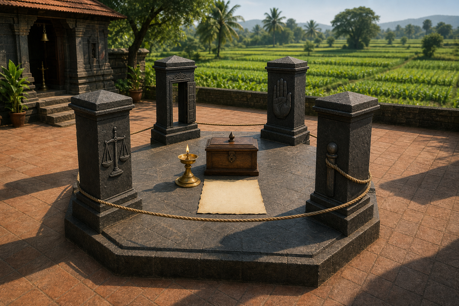 Four stone pillars with symbolic carvings surround a lamp, an endowment box, and an unmarked land deed in a temple courtyard.