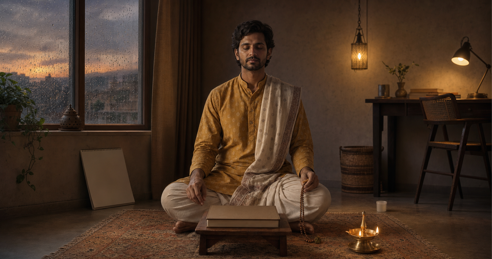 A person meditates with prayer beads beside an oil lamp and a closed sacred book while rain and household objects suggest everyday pressures.