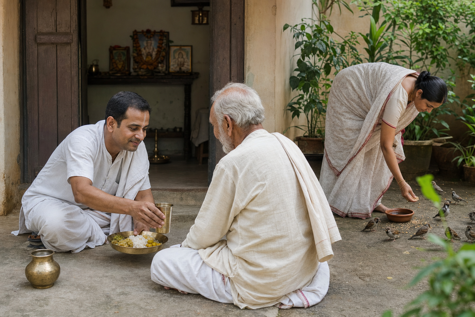 A householder serves food and water to an elderly visitor while a family member leaves grain and water for birds, with a small home altar visible through the doorway.
